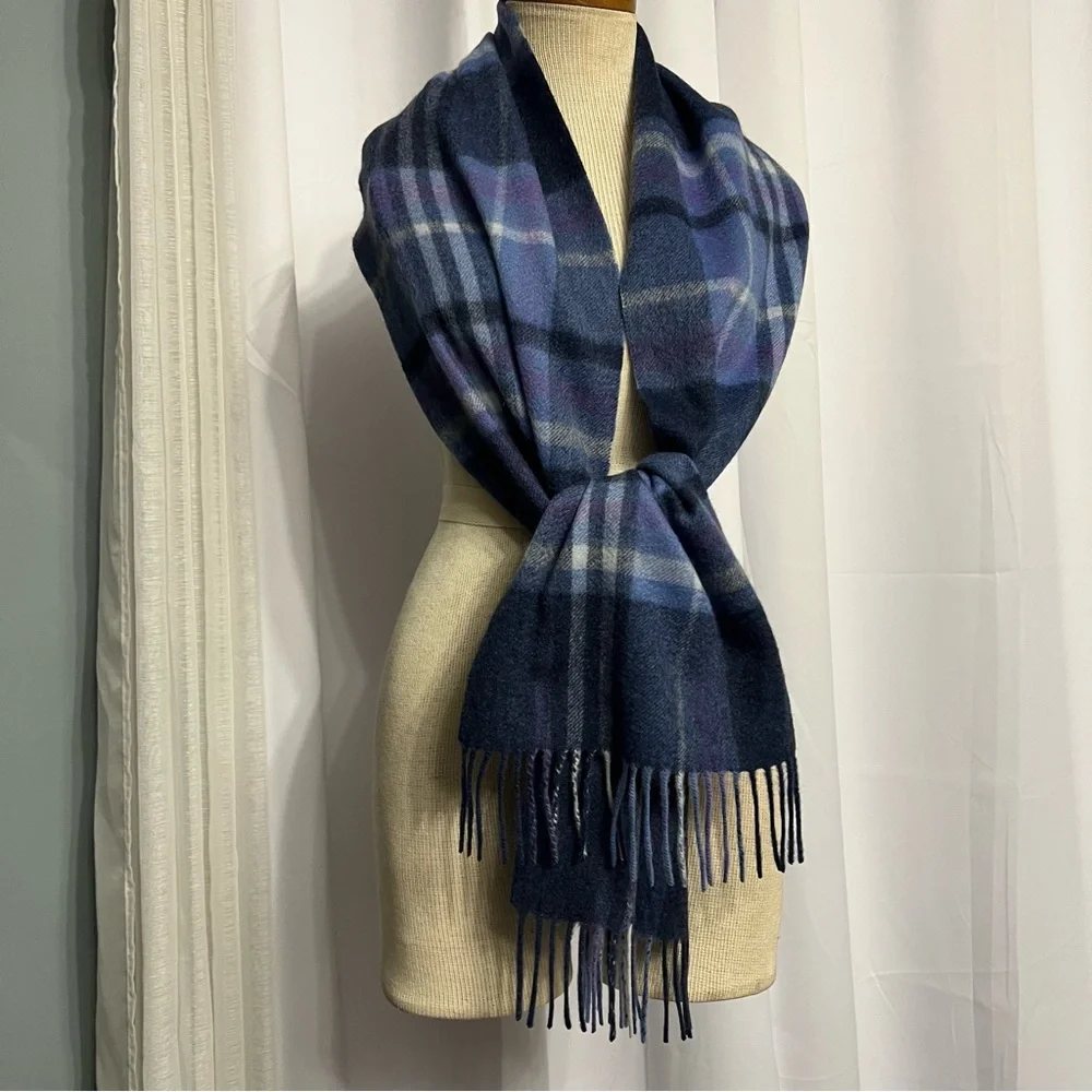 NWOT Peck & Peck 100% Cashmere Plaid Scarf Blue White & Purple 10 Wide X 68 Long
